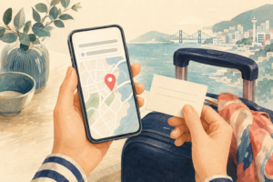 スマートフォンでホテルの住所と地図を確認するイラスト