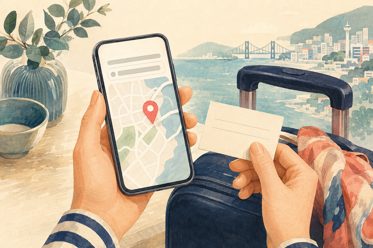 NAVERマップの使い方を学ぶ準備のイラスト。地図のピンがあるスマートフォンと白いメモ、旅行かばん