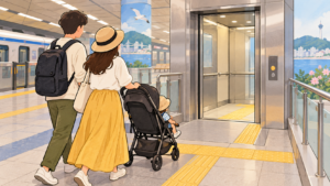ベビーカーで地下鉄駅のエレベーターを探す旅行者の説明用イメージ
