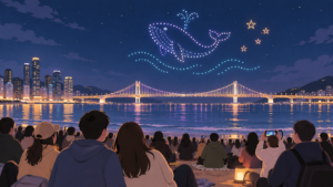 広安里の海辺でドローンショーを待つ人々の説明用イラスト