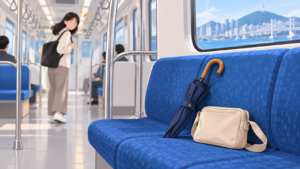 地下鉄の忘れ物を駅員に相談する旅行者の説明用イメージ
