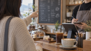 カフェでメニューと受け取り方法を確認する旅行者の説明用イメージ