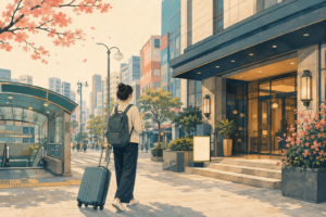 スーツケースを持ってホテルへの道を確認する旅行者のイラスト