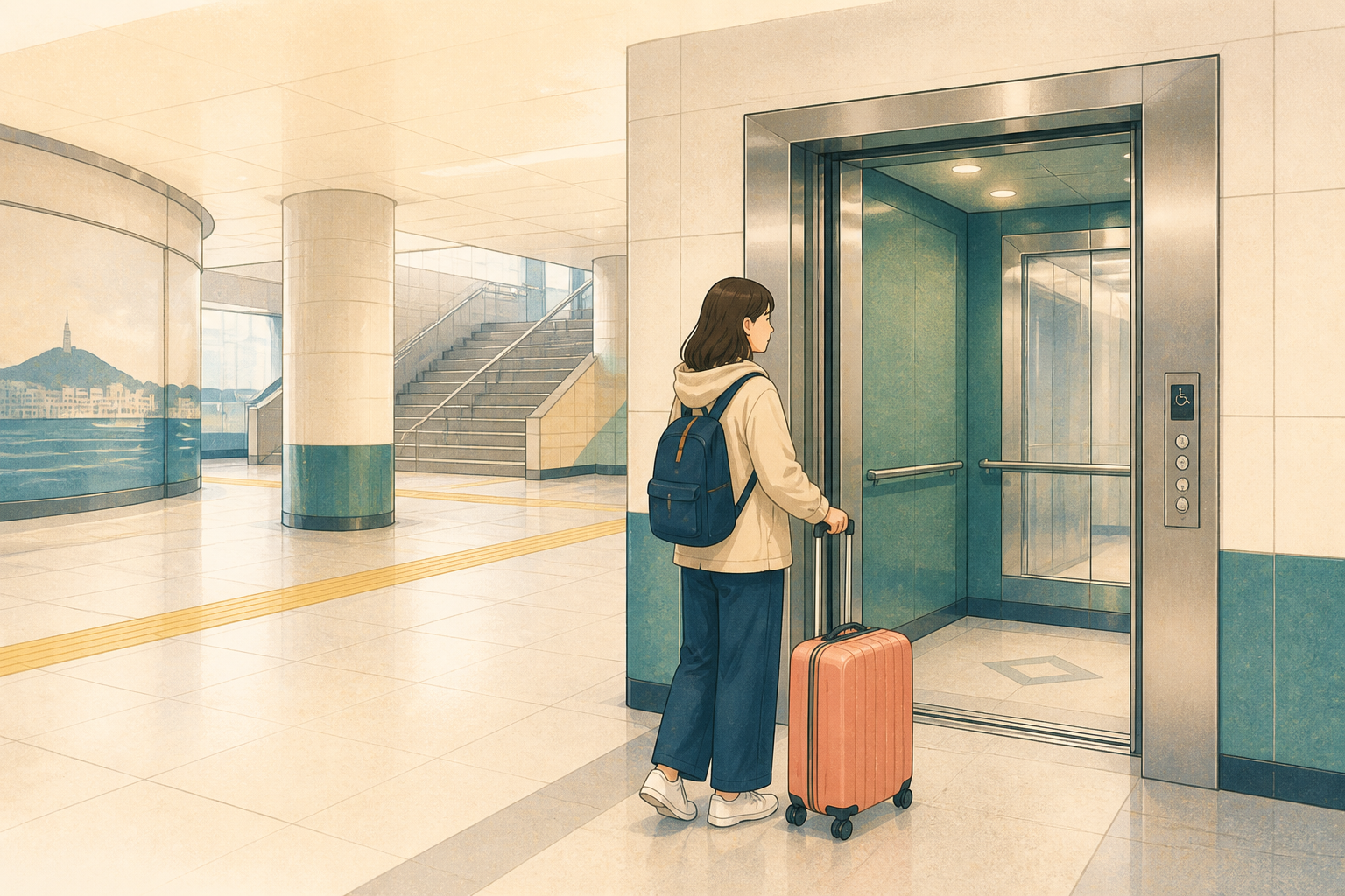 スーツケースを持って駅のエレベーターを利用する旅行者のイラスト