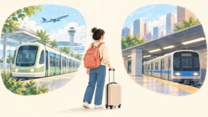 金海空港から西面への鉄道移動をイメージしたイラスト。スーツケースを持つ旅行者と、別々の場面に描かれた軽電鉄・地下鉄