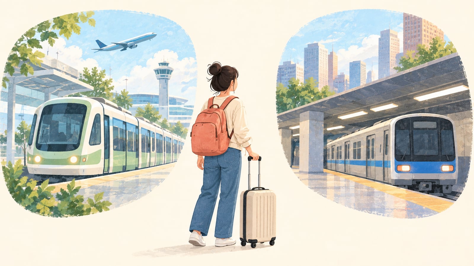 金海空港から西面への鉄道移動をイメージしたイラスト。旅行者と、別々の場面の軽電鉄・地下鉄