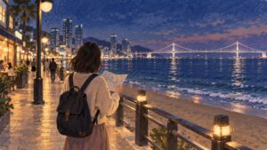 広安里の夜景散歩をイメージしたイラスト。海辺で地図を確認する旅行者と遠くの橋