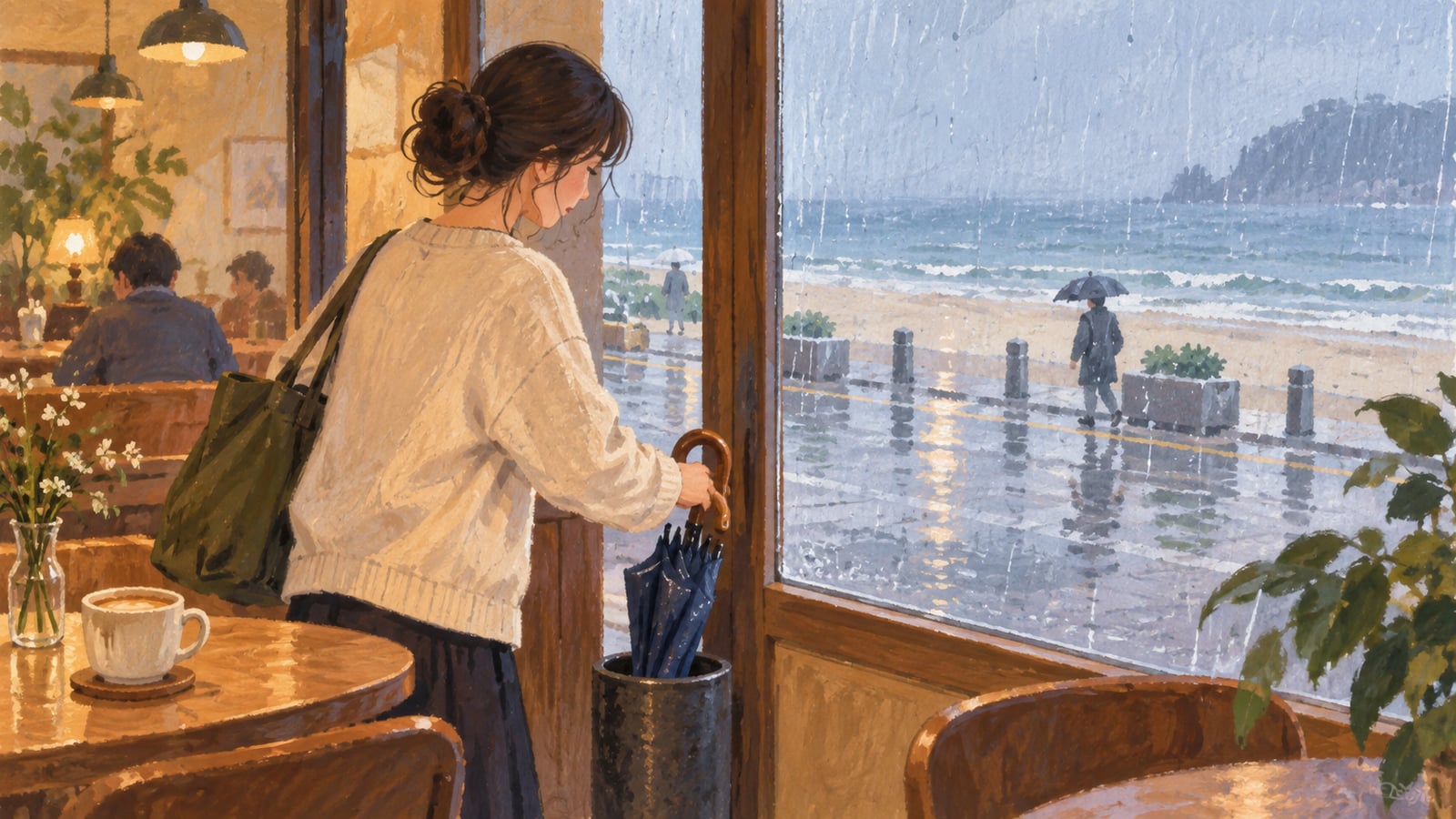 雨の日の海雲台での休憩をイメージしたイラスト。カフェで傘を片付ける旅行者と窓の外の海