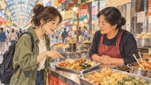 南浦洞の市場めぐりでの注文前の質問をイメージしたイラスト。食べ物を指しながら店の人と話す旅行者