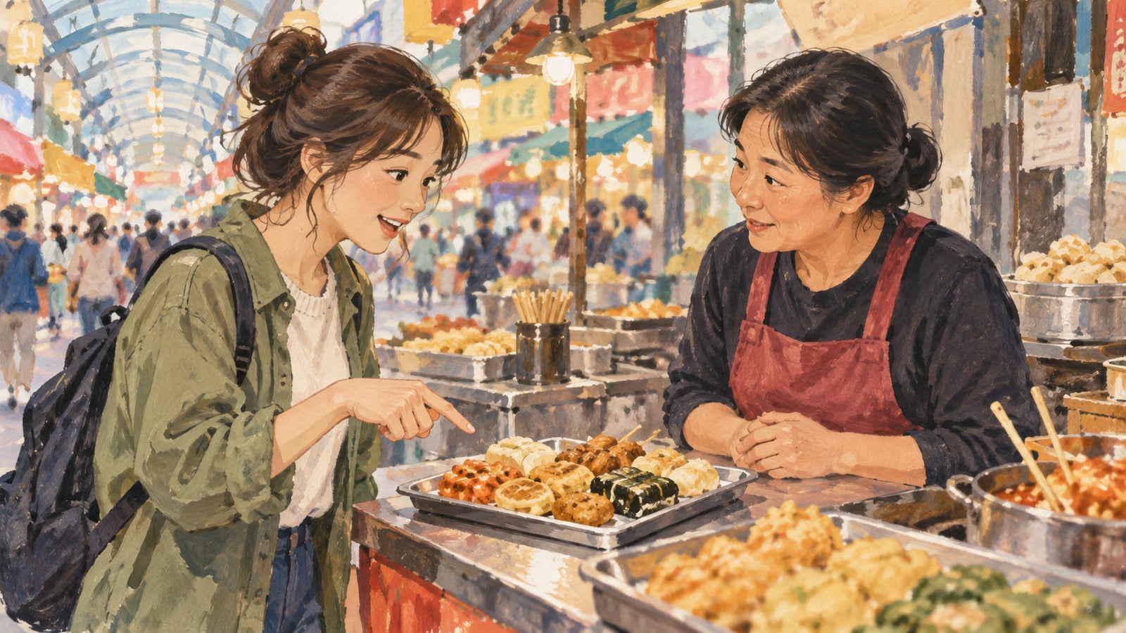 南浦洞の市場めぐりでの注文前の質問をイメージしたイラスト。食べ物を指しながら店の人と話す旅行者