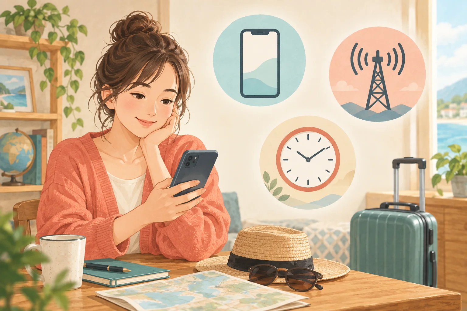 韓国旅行のeSIMの追加・接続・利用期間を、端末・アンテナ・時計で区別したAIイラスト