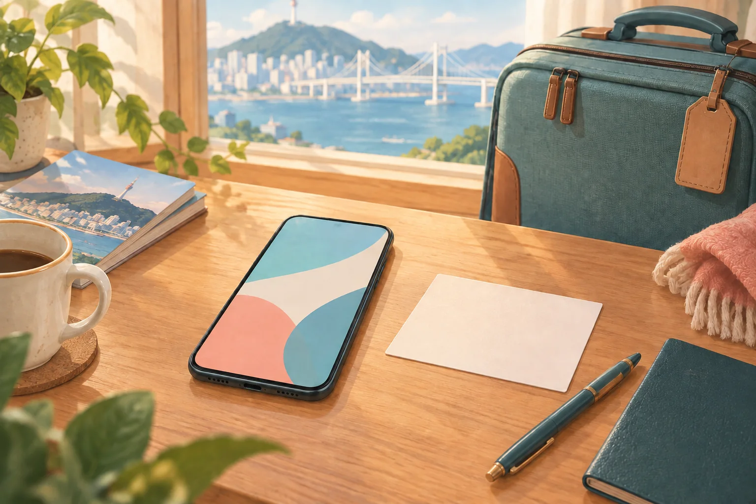 韓国旅行の準備を表すAIイラスト。釜山の海をイメージした窓辺に、スマートフォンと旅行かばん、白いメモが並ぶ