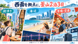 西面を拠点に街歩き、海辺、市場と空港を日程に分ける旅程の説明イラスト