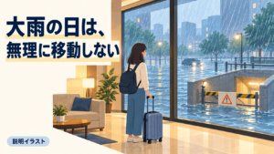 安全な屋内から大雨と浸水した道を見て、無理な移動を避ける説明イラスト