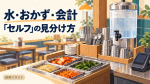 食堂の水、コップ、箸とスプーン、おかずの置き場を描いた説明イラスト