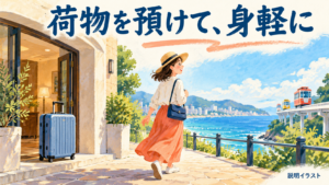 ホテルに大きな荷物を置き、小さなバッグで出かける説明イラスト