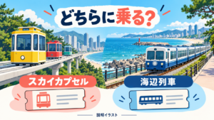 高架を走る小型カプセルと海辺列車を並べた比較の説明イラスト