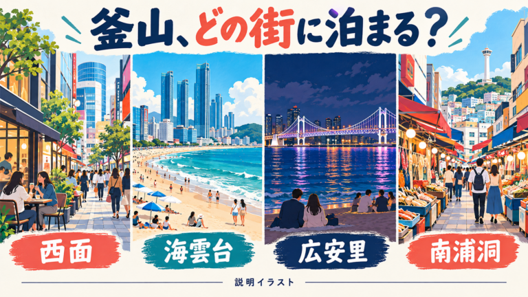 西面の街歩き、海雲台の海辺、広安里の夜景、南浦洞の市場を等しく並べた説明イラスト