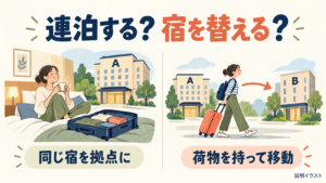 一つのホテルに連泊する案と荷物を持って別のホテルへ移る案を比べる説明イラスト