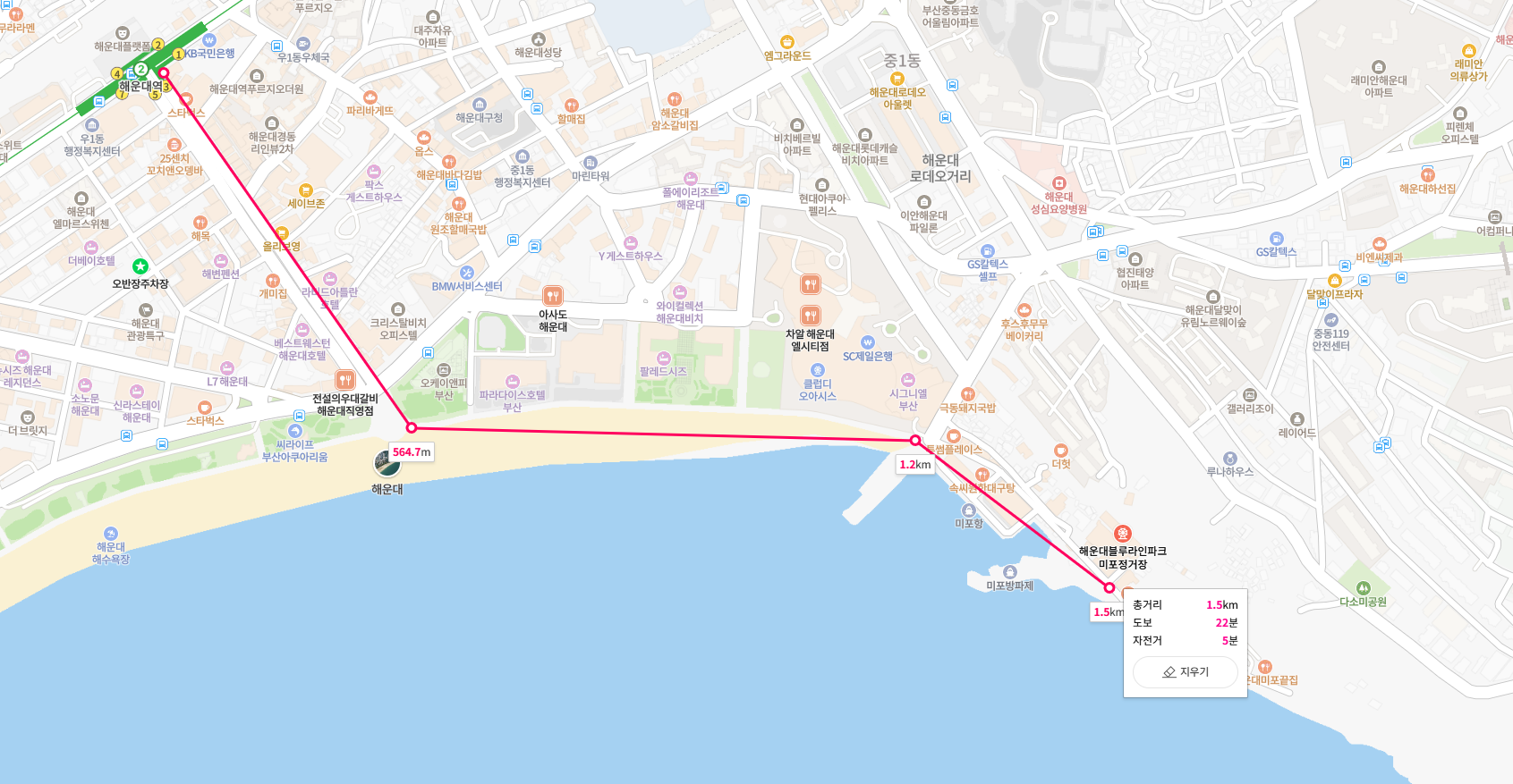海雲台駅付近から海辺を経由してミポまで、地図上の地点を結んだ距離測定図